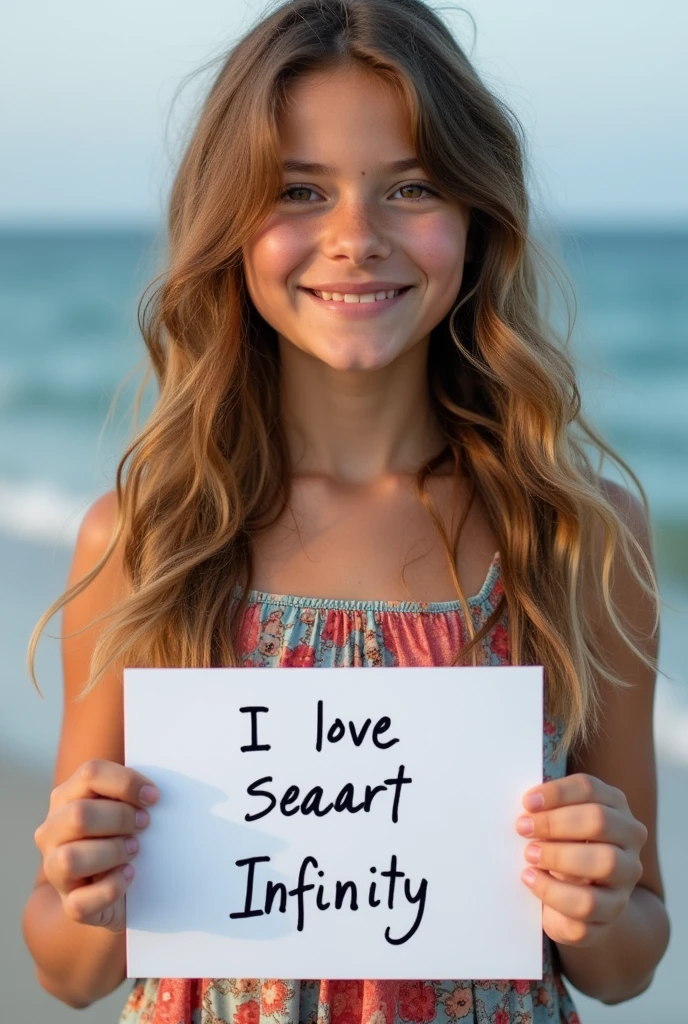 Beautiful girl with wavy long hair, bohemian dress, holding a white board with text "I Love Seaart Infinity" and showing it to the viewer