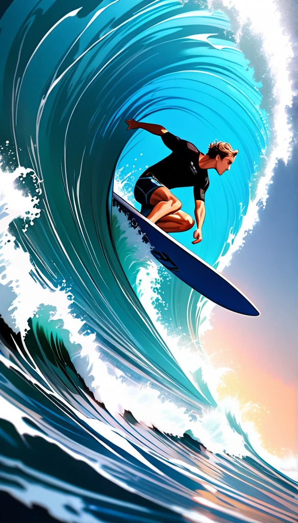 A surfer riding a massive wave, extremely detailed and photorealistic, dynamic sport action, crystal clear ocean water, high contrast full color painting, elaborate sketch-like lines, hyper realistic, ray traced, challenging aesthetic presentation, dynamic motion, dramatic composition, viewer captivating effects, refreshing and breezy atmosphere, alluring surfer, dramatic close-up perspective, high resolution photography, exquisite fine details