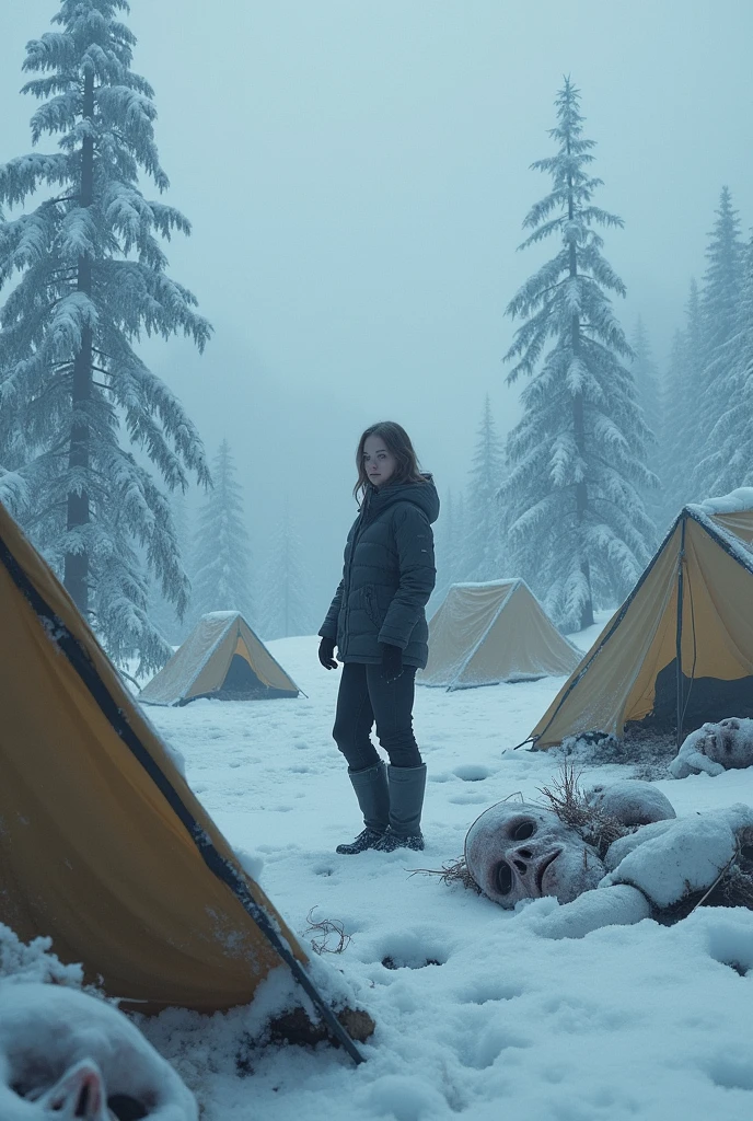 the woman stands at the place, where the lost hikers met their tragic end. The picture shows the frosty remains of the hikers, their lifeless bodies unnaturally distributed. Destroyed tents and scary frozen faces can be seen in the background.
Mood: Eerie and oppressive.