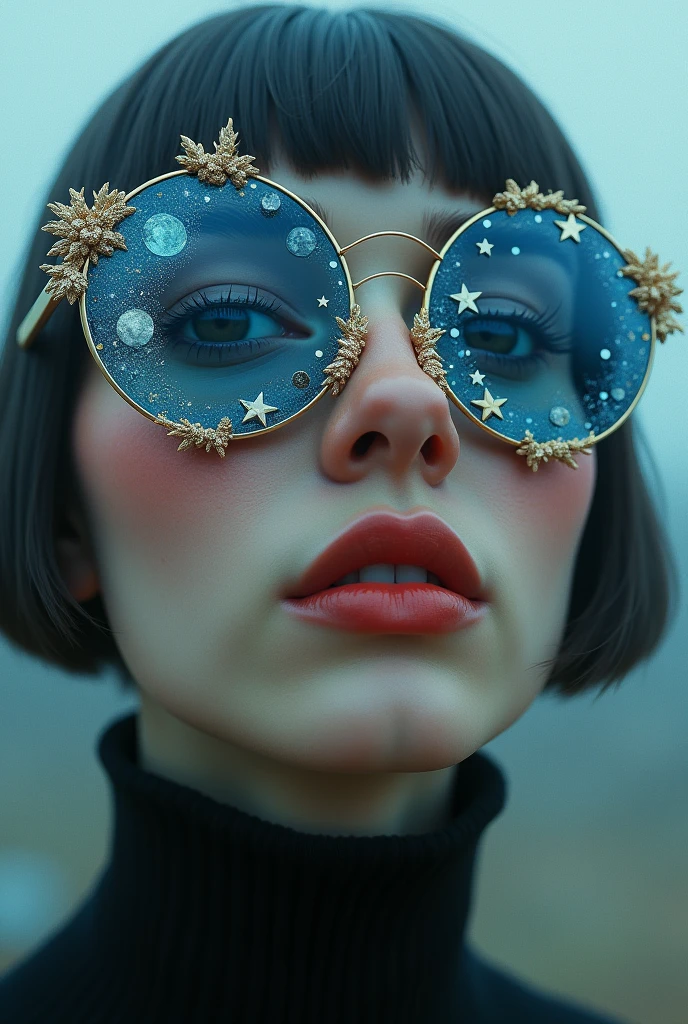 The model is wearing glass sunglasses with stars and the moon on the glass