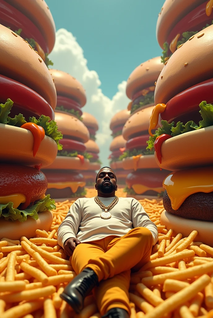Kanye West lying down hugging a hot dog