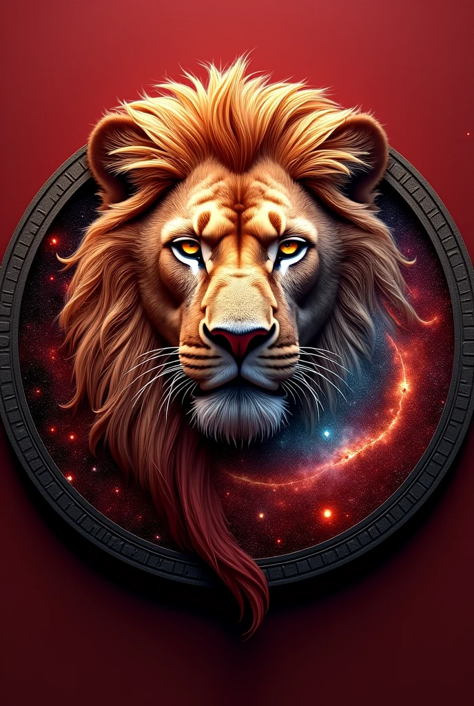A red circular medal with a Galaxy in center and a face of a lion in the galaxy