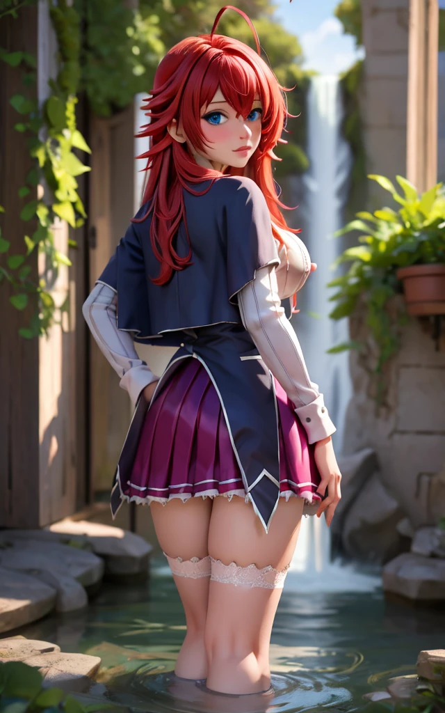 ((masterpiece, best quality)), insaneres, absurdres, solo, looking at viewer, ANIME_DxD_Rias_Gremory_ownwaifu, 1girl, bangs, long hair, red hair, breasts, large breasts, rias gremory, blue eyes, hair between eyes, very long hair, collarbone, hair intakes, hair over breasts, black capelet, black corset, collared shirt, kuoh academy school uniform, layered skirt, underbust, school uniform, skirt, shirt, long sleeves, purple skirt, ribbon, miniskirt, neck ribbon, thighhighs, black ribbon, (wading, looking back), waterfall, depth of field, vanishing point, garden, sidelighting,
