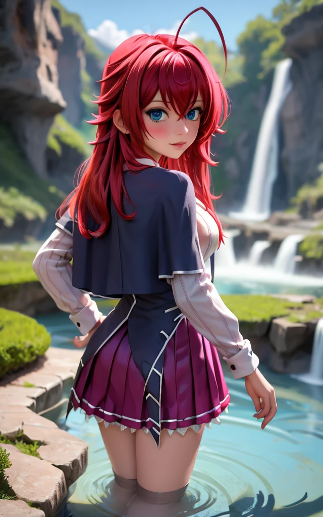 ((masterpiece, best quality)), insaneres, absurdres, solo, looking at viewer, ANIME_DxD_Rias_Gremory_ownwaifu, 1girl, bangs, long hair, red hair, breasts, large breasts, rias gremory, blue eyes, hair between eyes, very long hair, collarbone, hair intakes, hair over breasts, black capelet, black corset, collared shirt, kuoh academy school uniform, layered skirt, underbust, school uniform, skirt, shirt, long sleeves, purple skirt, ribbon, miniskirt, neck ribbon, thighhighs, black ribbon, (wading, looking back), waterfall, depth of field, vanishing point, garden, sidelighting,
