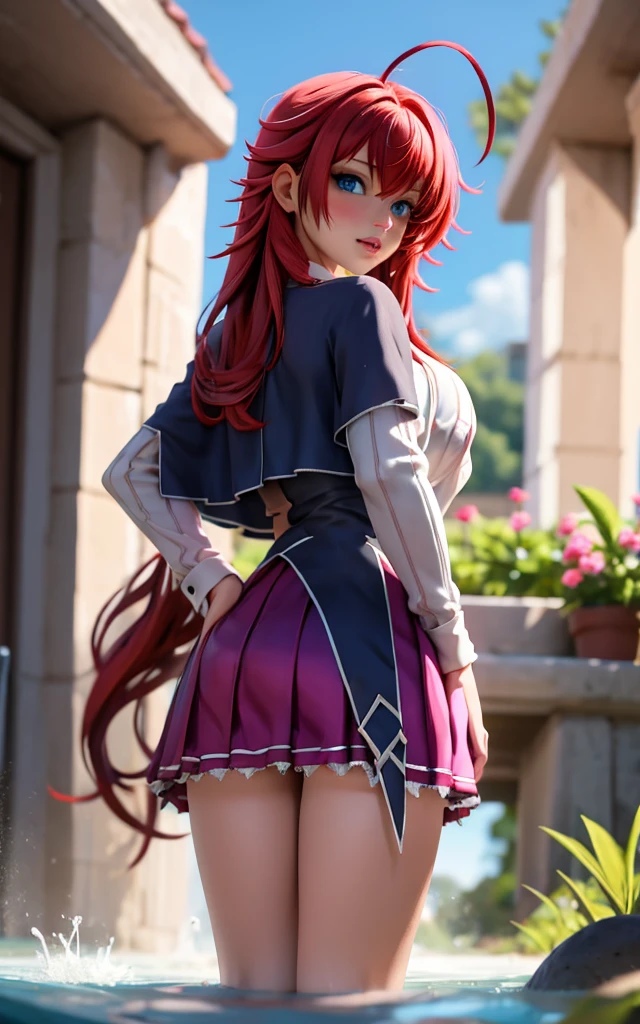 ((masterpiece, best quality)), insaneres, absurdres, solo, looking at viewer, ANIME_DxD_Rias_Gremory_ownwaifu, 1girl, bangs, long hair, red hair, breasts, large breasts, rias gremory, blue eyes, hair between eyes, very long hair, collarbone, hair intakes, hair over breasts, black capelet, black corset, collared shirt, kuoh academy school uniform, layered skirt, underbust, school uniform, skirt, shirt, long sleeves, purple skirt, ribbon, miniskirt, neck ribbon, thighhighs, black ribbon, (wading, looking back), waterfall, depth of field, vanishing point, garden, sidelighting,
