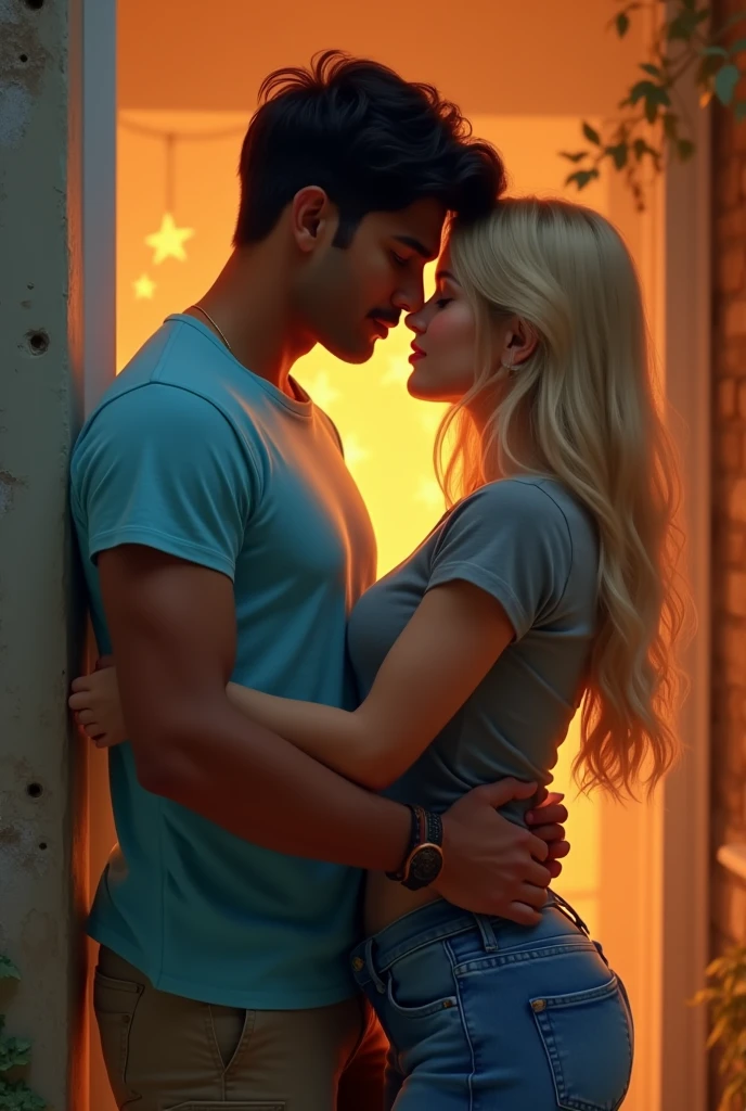 a guy kissing his partner his hand is on her butt n other hand on her brest they are looking in eachother eyes boy wear sky blue t-shirt n cargo pant n girl wear full grey t-shirt n a denim gens guy is indian n have black hair n no beared n having a little moustache like ager n girl is english with blonde hair guy is 5'8 ft n girl is 5'2 n both are teens