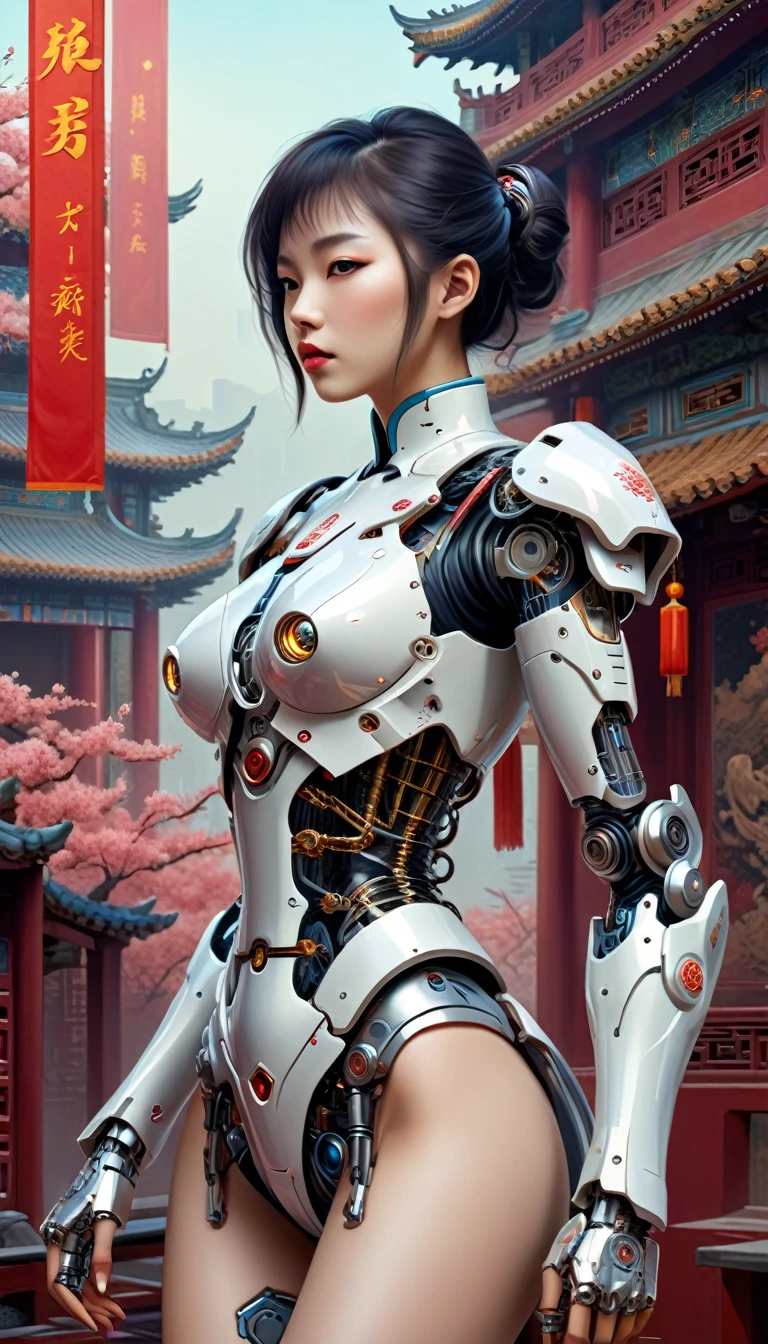 Intricate illustration in surrealist art style,mecha girl,Chinese woman, Cyborg in Chinese culture style, full background