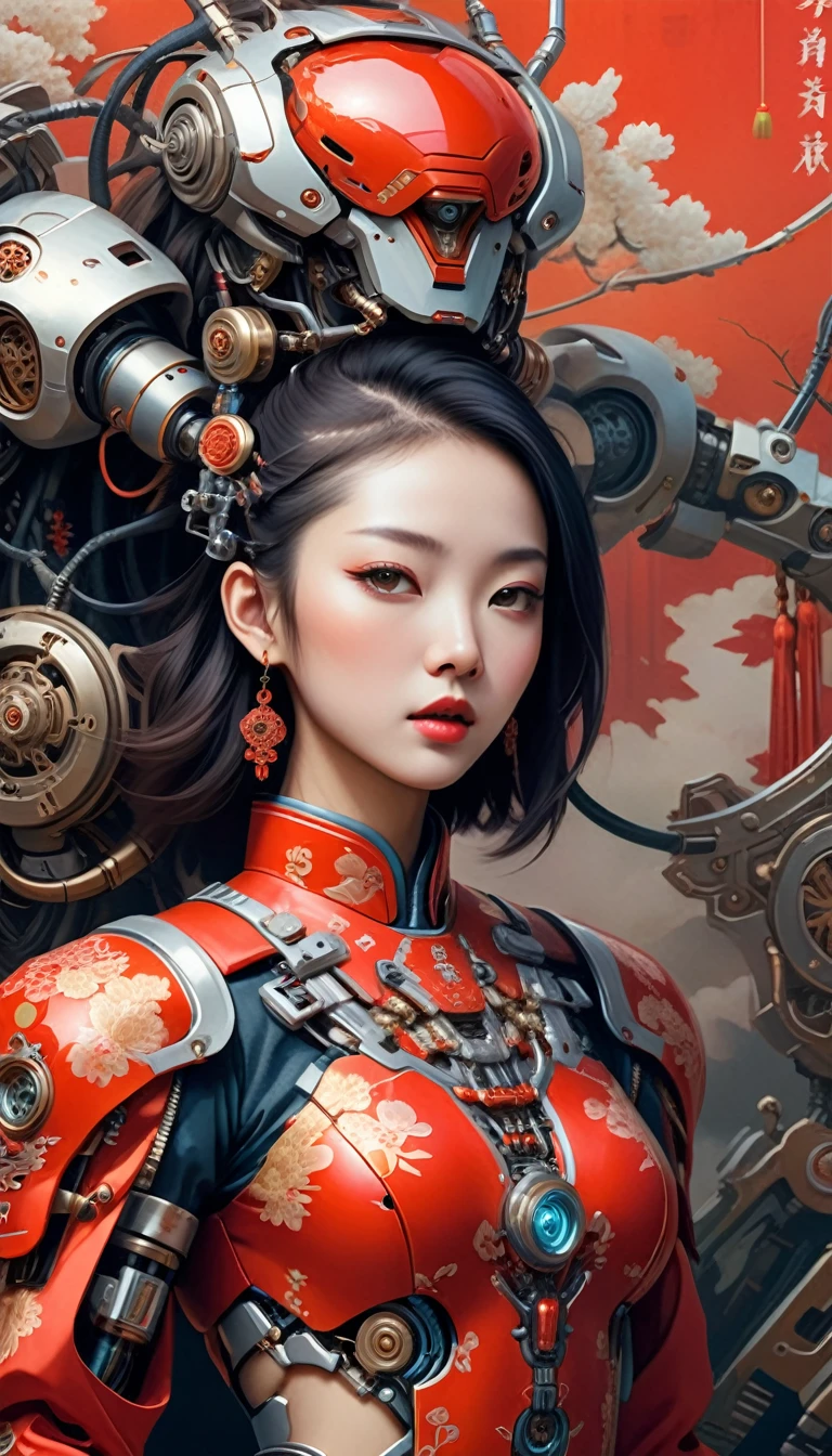 Intricate illustration in surrealist art style,mecha girl,Chinese woman, Cyborg in Chinese culture style, full background