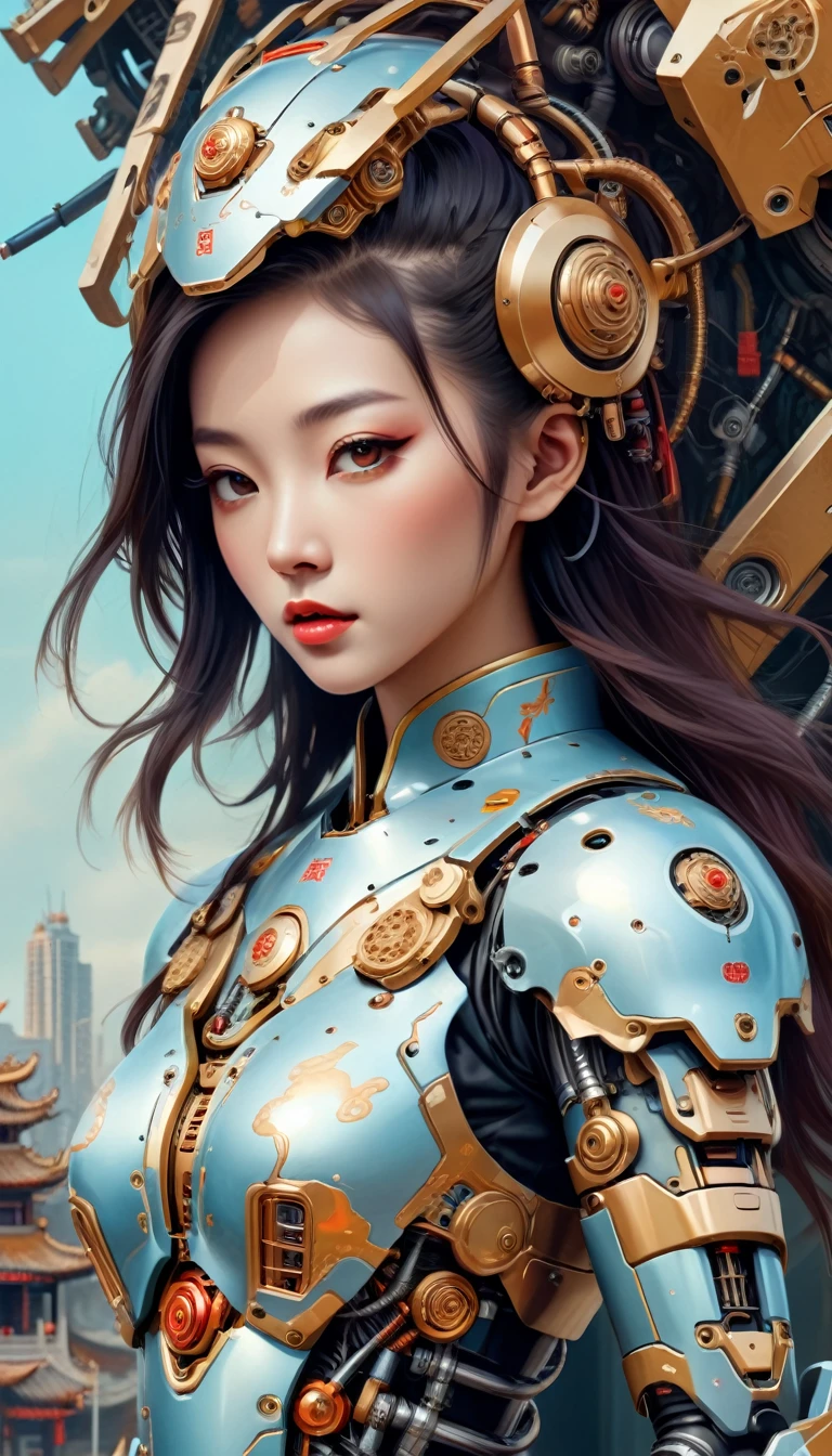 Intricate illustration in surrealist art style，mecha girl，Chinese woman, Cyborg in Chinese culture style, full background