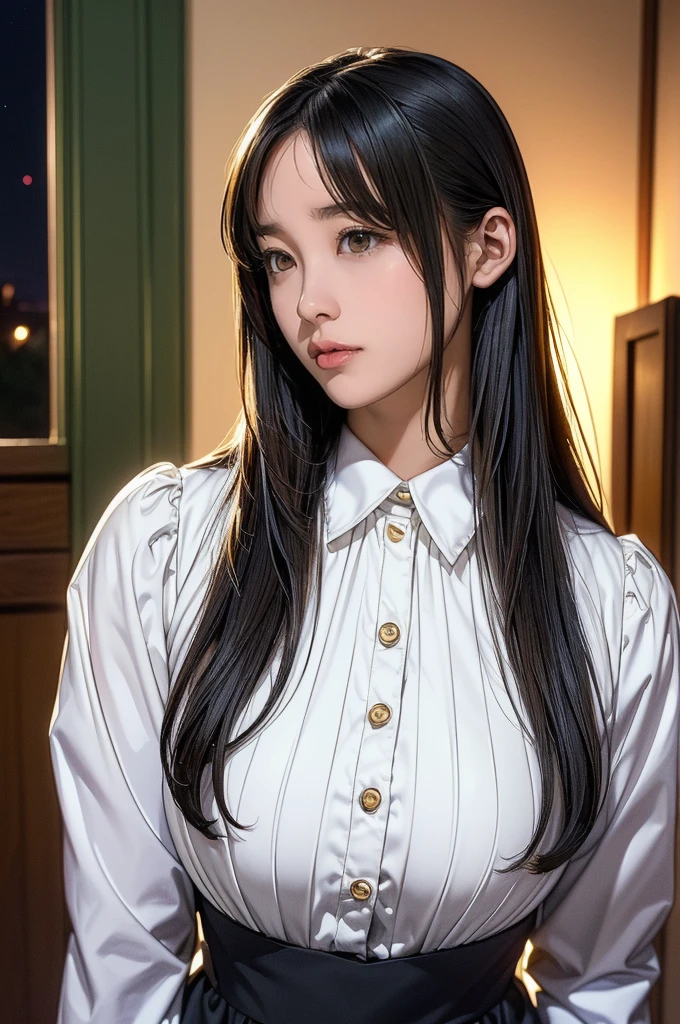 (front pin), (in the dark:1.6), Surrealist portraits of women by David Hockney and Alphonse Mucha, fantasy art, photo-realistic, dynamic lighting, art station, poster, volume lighting, highly detailed face, 4k, Award history, 1 girl, in the dark, deep shadow, discreet key, cowboy shot, (official attire:1.4), long hair, black hair、(anatomically correct)、(perfect body proportions)、 ((perfect hands))、 (((perfect fingers)))、(oily skin:1.5)、