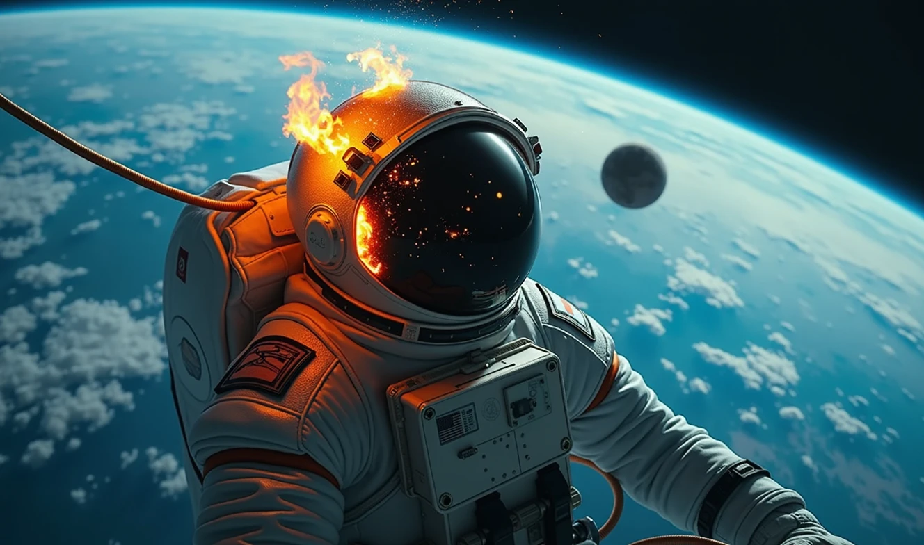 Cinematic dramatic Analog raw pro, Swiss astronaut the moon be hitten by, an astroid debris on fire, earth in the background void