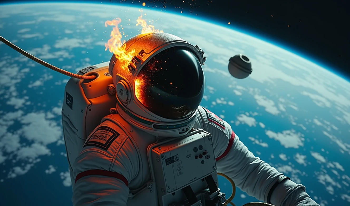 Cinematic dramatic Analog raw pro, Swiss astronaut the moon be hitten by, an astroid debris on fire, earth in the background void