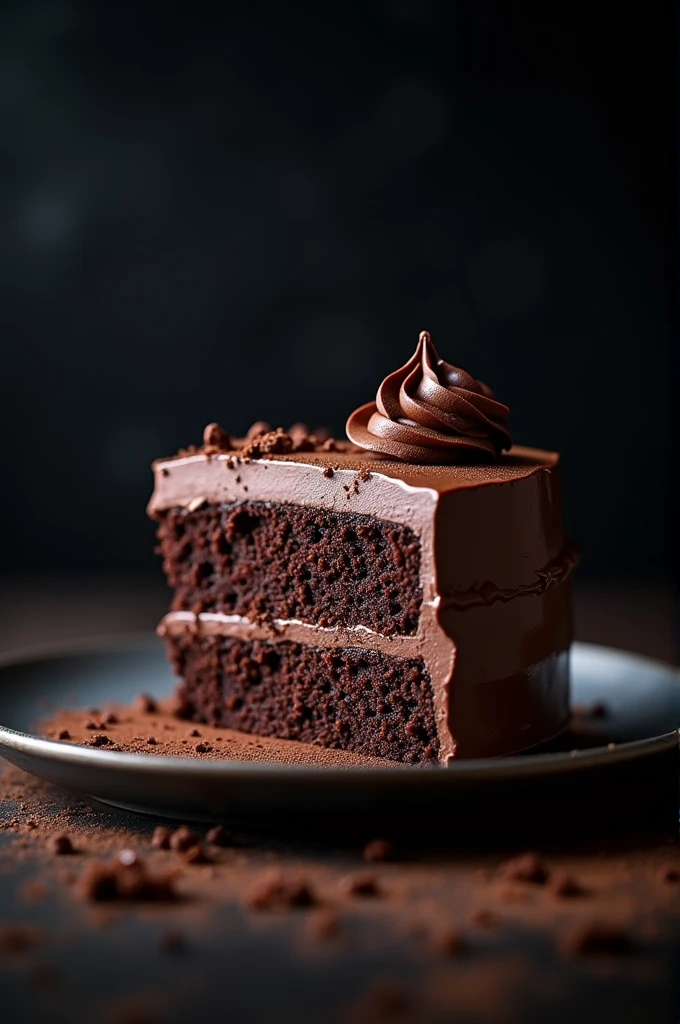 cinematic film still chocolate, chocolate cake, dark background, quality photo, moist texture, frosting, studio photo, slice . shallow depth of field, vignette, highly detailed, high budget, bokeh, cinemascope, moody, epic, gorgeous, film grain, grainy