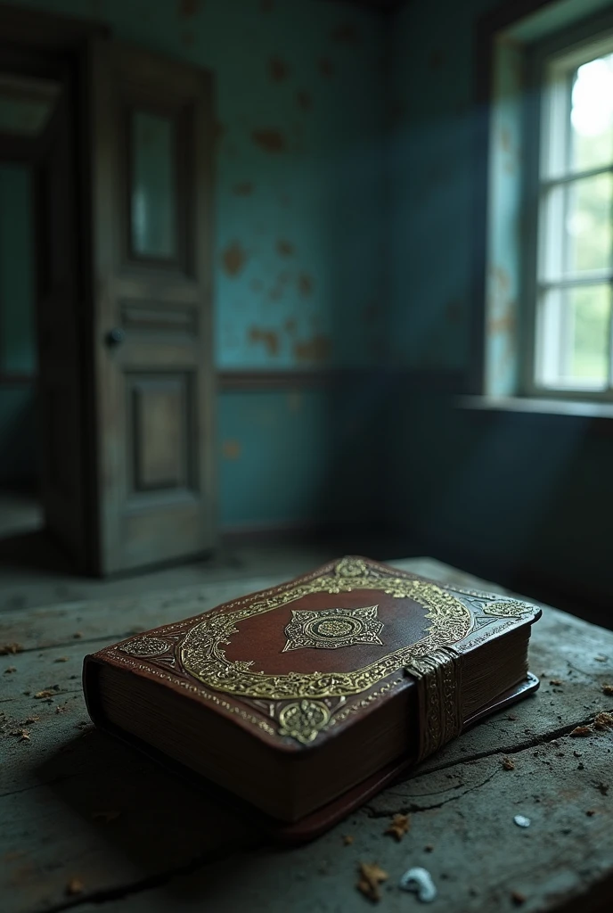 In an abandoned house; Old, the diary of someone who is worn out and now dead, but let that abandoned house be dark and spooky, let the diary be there on a dusty wooden table. The diary should also be something that is covered in leather and has different shapes with gold leaf.