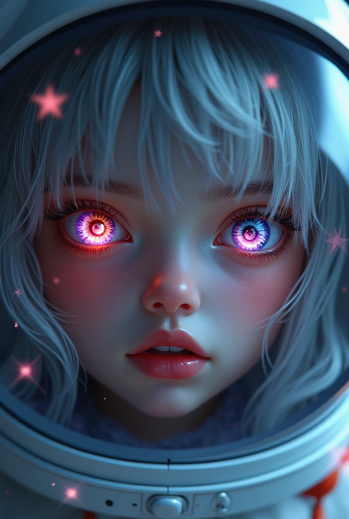 (Close-up of a better masterpiece:1.5)0.9], (Space and astronauts:1.2) (Messy silver hair:1.1) (Heterochromia xanthochromia and blue eyes:1.2) (Space Helmet:1.0) (Colored stars in the eyes:1.0) (A radiant glow:1.1) (thick lips:0.9)