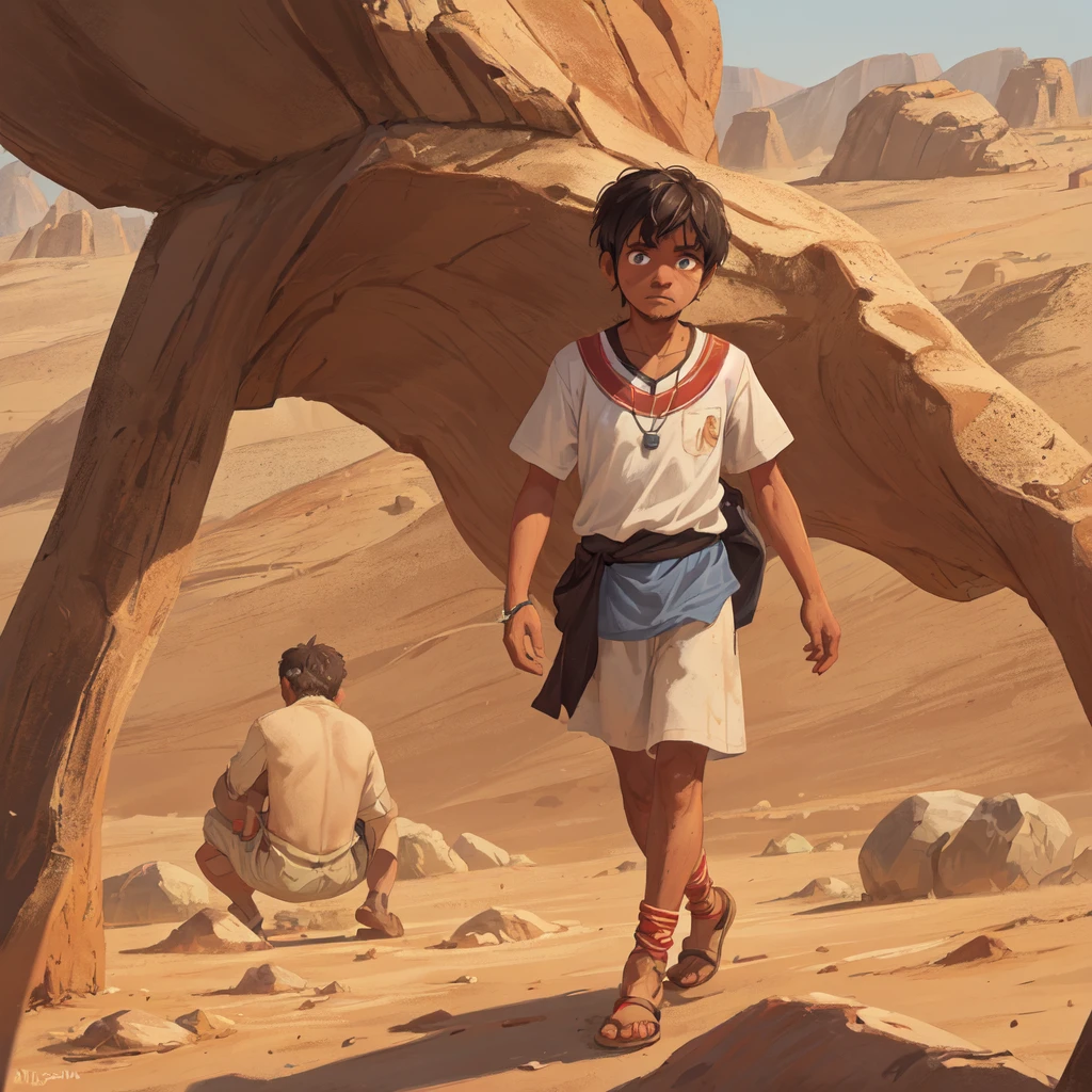 Scene in the desert far from the Egyptian village: Moses, 30 years old, alone in the desert walking, with simple clothes, walks in the arid desert of Midian, exhausted and afraid,