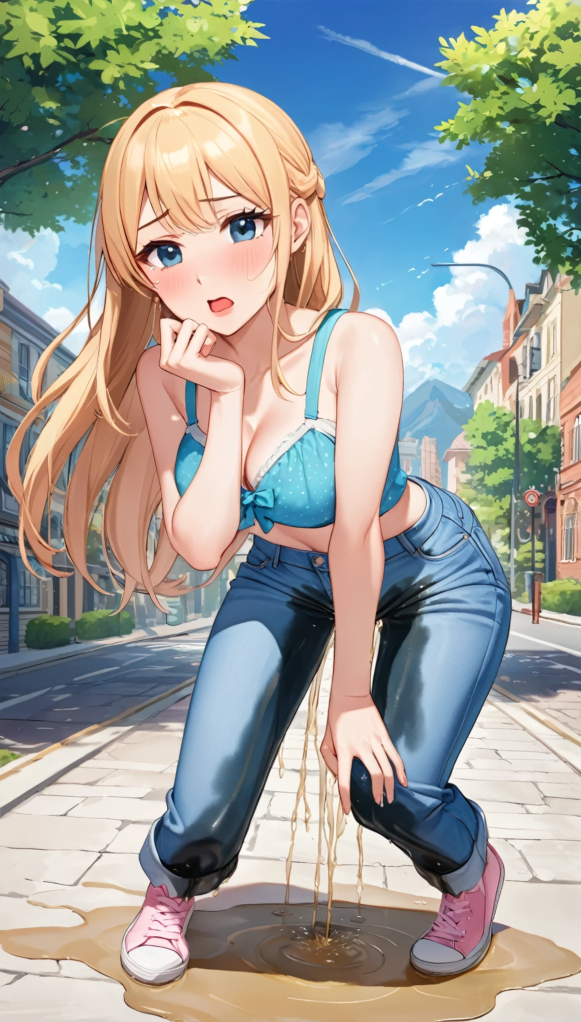 ((best quality, masterpiece:1.3, 8K)), (detailed), highly detailed face and skin texture, detailed eyes, full body, outdoor, daytime, summer, (slender body:1.1), 1girl, (solo), (18+ years old), white skin, bright lips, worried, embarrassed, panicking, long hair, glam outfit, medium breast, (jeans pants), (((wetting herself:1.8))), desperation:1.2,