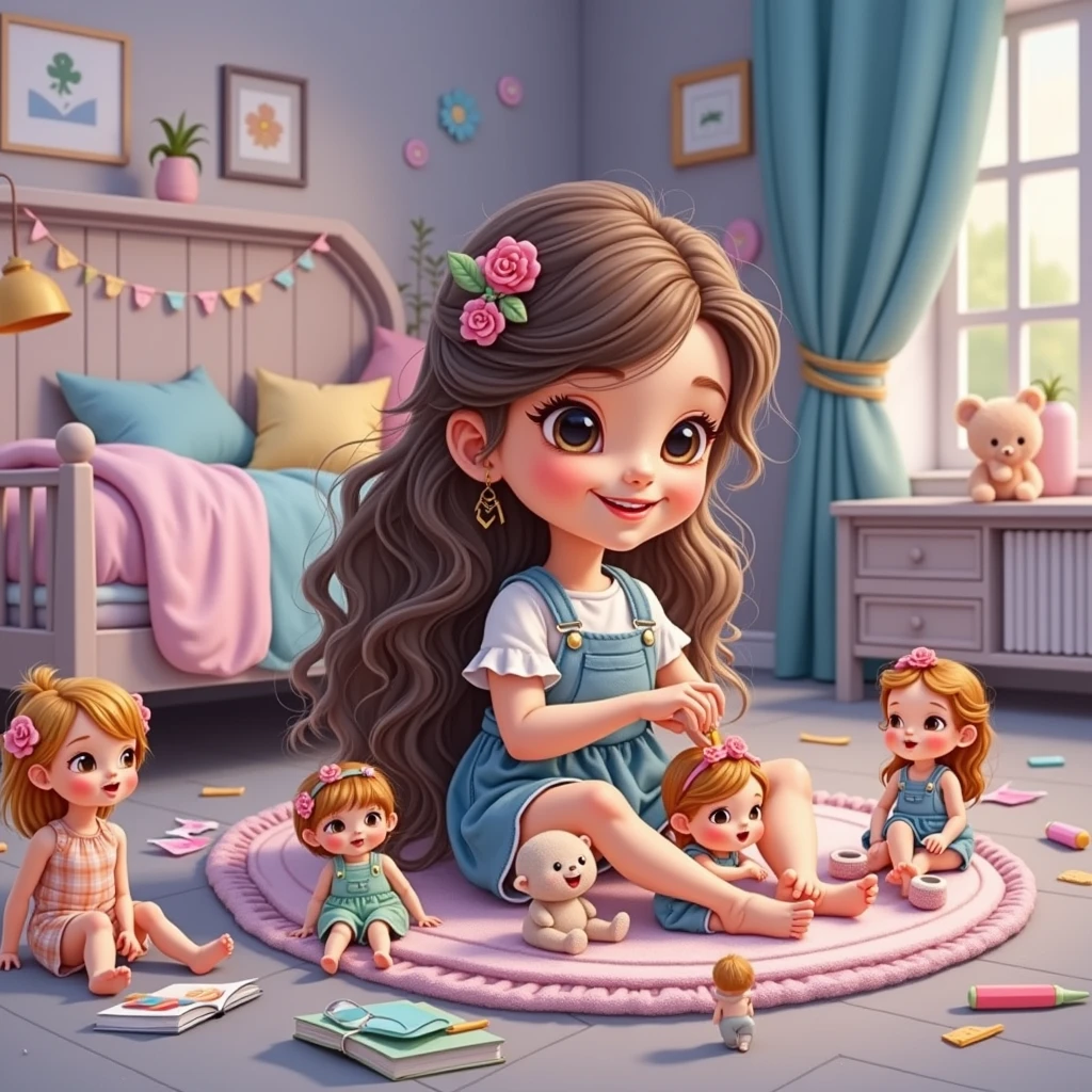 Create a fantasy illustration with watercolor technique, of a  playing happily in her room with her dolls. the drawing should look like the comics. the illustration should look minimalist. Let the strokes be organic, imperfect as if a human had made them. Make the contour lines of the drawing as fine and thin as possible..
