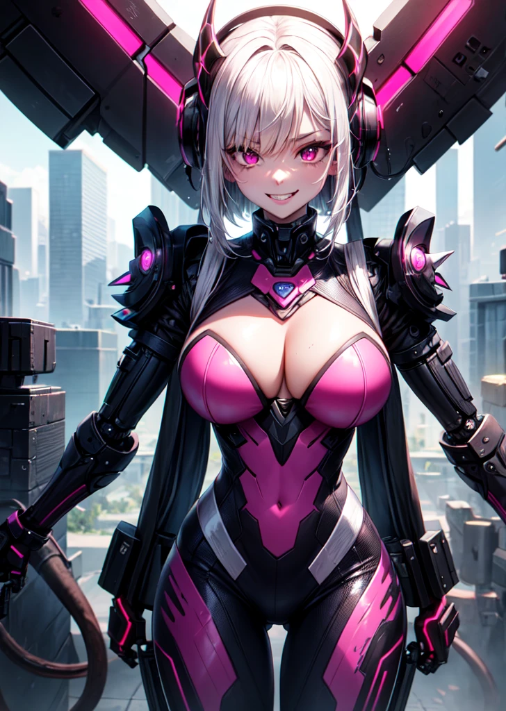 4k, twin teatls ,Lens flare, pink heatr ,mask, eyeliner, rays of god, 4k, 8k, Best Quality, masterpiece, hyper deteatled, intricate deteatl, 1 girl, Alone, deteatled, Deteatled fuschia heatr ++, deteatled pink eyes ++, ray tracing, perfect shadow, High resolution, improved eyes, huge breasts, horns, evil smile, narrow eyebrows, seductive, Fangs, hyper deteatled, Interesting background, , deteatled face, deteatled clothing. voluminous, colorful background, futuristic environment, eat, Cyberwear, robot, in the city, cyber suit, Dominant, heart deteatl around cleavedge, Neon lights