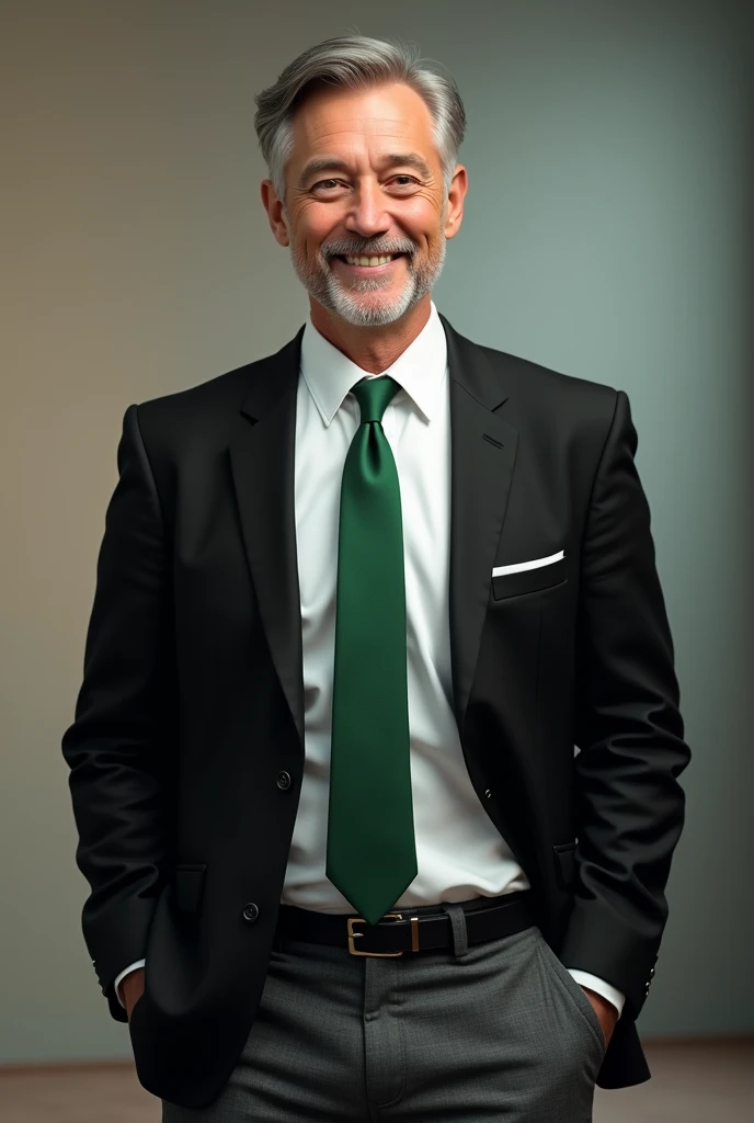 Brown man with white dress shirt, black blazer, green tie and gray pants