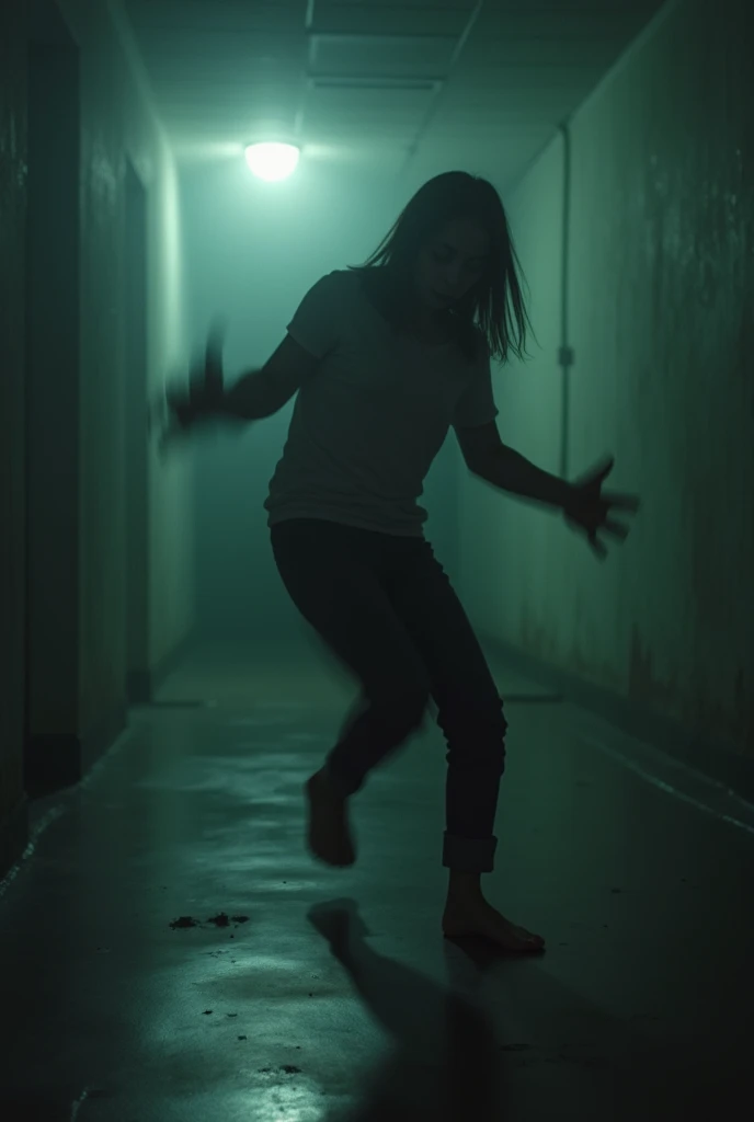 Caught photo (movement shakiness, wide angle, taken from phone) of a 25 year old getting possessed. Levitating off the ground, pupils and iris are gone, shaking movement, foaming from the mouth, lights breaking around. Creepy, horror. Realistic, insane, realism, micro realistic