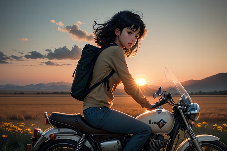 /Lofi girl riding towards the camera on a vintage motorbike, riding towards the camera, prospect, eyes fixed on camera, makoto shinkai style, Trending at Art Station, Hmm::1.Five central compositions at sunset on a country road with rustic charm:: warm lighting, long shadow, telescope lens:: hand, refer to::-0.5 - AR 16:9 - Rainbow - Scenic scenery (full of tension, Full of dramatic images), (vast sky), (beautiful skyline), (wide grassland), (North Star hanging high), (カラフルなNatural light), (long sleeve tops), (denim shorts),(girl, carrying a backpack),(black hair),(Slightly curly hair),(Rear view),(sun silhouette):(0.8), (moving visual effects),(large area of lawn), (Grass flowers), (NASA level star), (Fresh, Natural light), (new moon), (beautiful sunrise), (dynamic photographer'S angle): (Scenery details) ,(Colorful landscapes),(Clear and sharp depth of field),(deep blue sky): (0.5)
