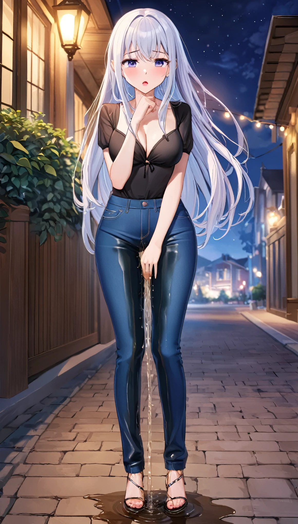 ((best quality, masterpiece:1.3, 8K)), (detailed), highly detailed face and skin texture, detailed eyes, full body, outdoor, nighttime, summer, (slender body:1.1), 1girl, (solo), (18+ years old), white skin, bright lips, worried, embarrassed, panicking, long hair, glam outfit, medium breast, (jeans pants), (((wetting herself:1.8))), desperation:1.2,