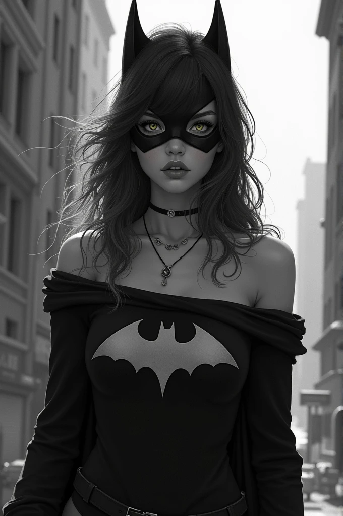 1 girl in, 20 years, Being alone, by the wide, Colossal , looking forward to the viewer, by rubio, by rubio, bare shoulders, green eyes, jeweler&#39;s, whole body, a necklace, off the shoulders, Sweaters, realisitic, a sexy one, big tits,batgirl super heroes full clothing, in black and white