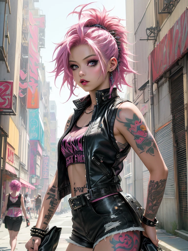 (premium、8k、32K、masterpiece、NffSW:1.3)、(photorealistic:1.4),18 year old punk girl,turned around、Crazy punk hair,Moda punk radical,tank tops、leather waistcoat、a pink hair,crazy makeup、Many tattoos、street background、Lens flare、Depth of fields,blurred background,,,,,,,,,,,,