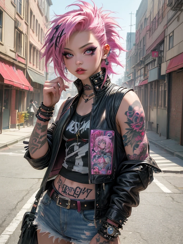 (premium、8k、32K、masterpiece、NffSW:1.3)、(photorealistic:1.4),18 year old punk girl,turned around、Crazy punk hair,Moda punk radical,tank tops、leather waistcoat、a pink hair,crazy makeup、Many tattoos、street background、Lens flare、Depth of fields,blurred background,,,,,,,,,,,,