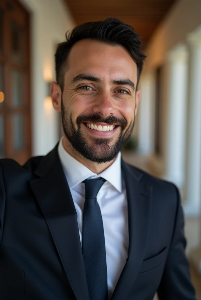 average man, 30 years old, taking a selfie wearing a suit