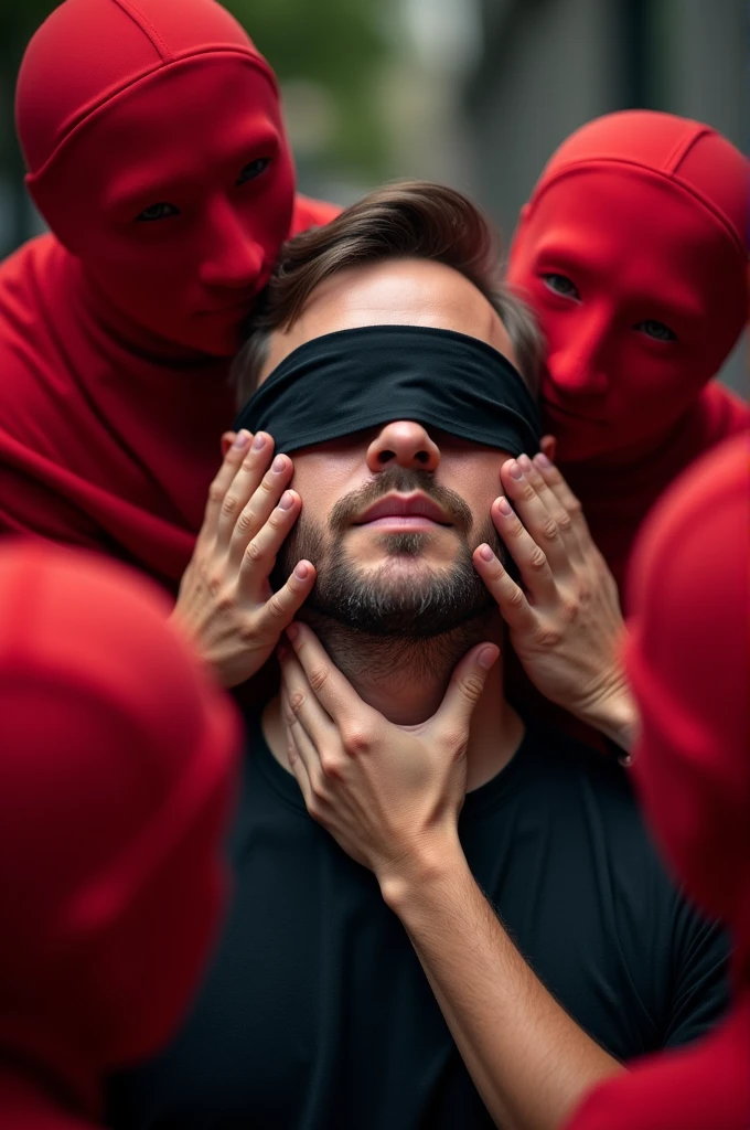 Some people in red masks put their hands on the face of a Man blindfolded with black cloth.