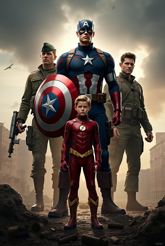 Could you make an image with the following characters: captain america movie "captain america 2011", Bucky Barnes "captain america movie 2011", the howling commandos from the movie "captain america 2011" and the young Flash Jay Garrick.