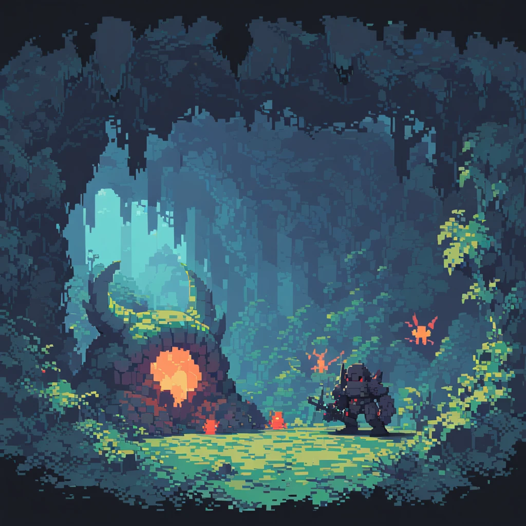 The prompt for generating a pixel art could be: "pixel art,(best quality, high resolution, detailed),(retro, nostalgic) colors,8-bit style,crisp lines and edges,small canvas,blocky pixels,limited color palette,low-fi graphics,dark colors,iconic pixel characters, inside cave, obscure, final boss, undead"