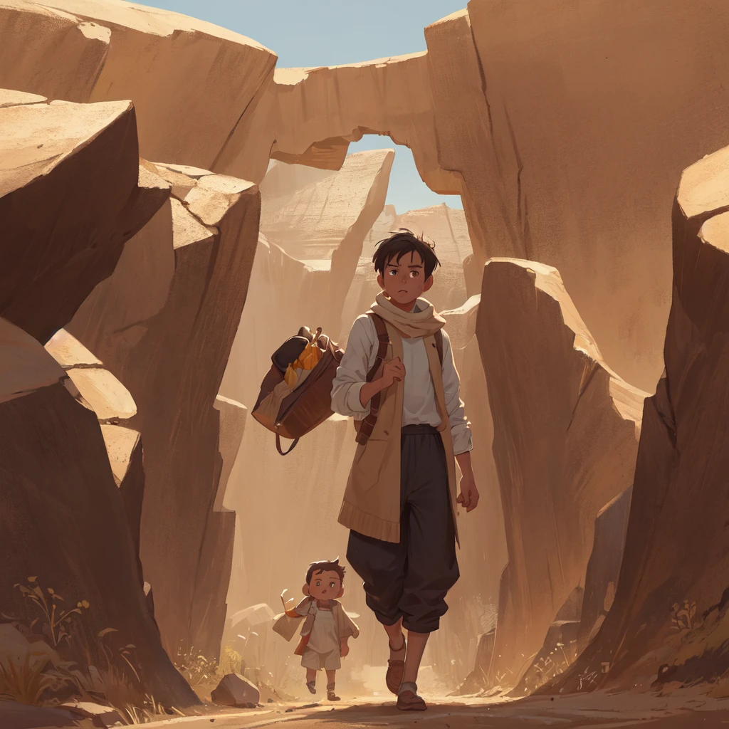 supper: Moses aged 30 alone in the desert walking, com roupas simples, walks in the arid desert of Midian, exhausted and scared,