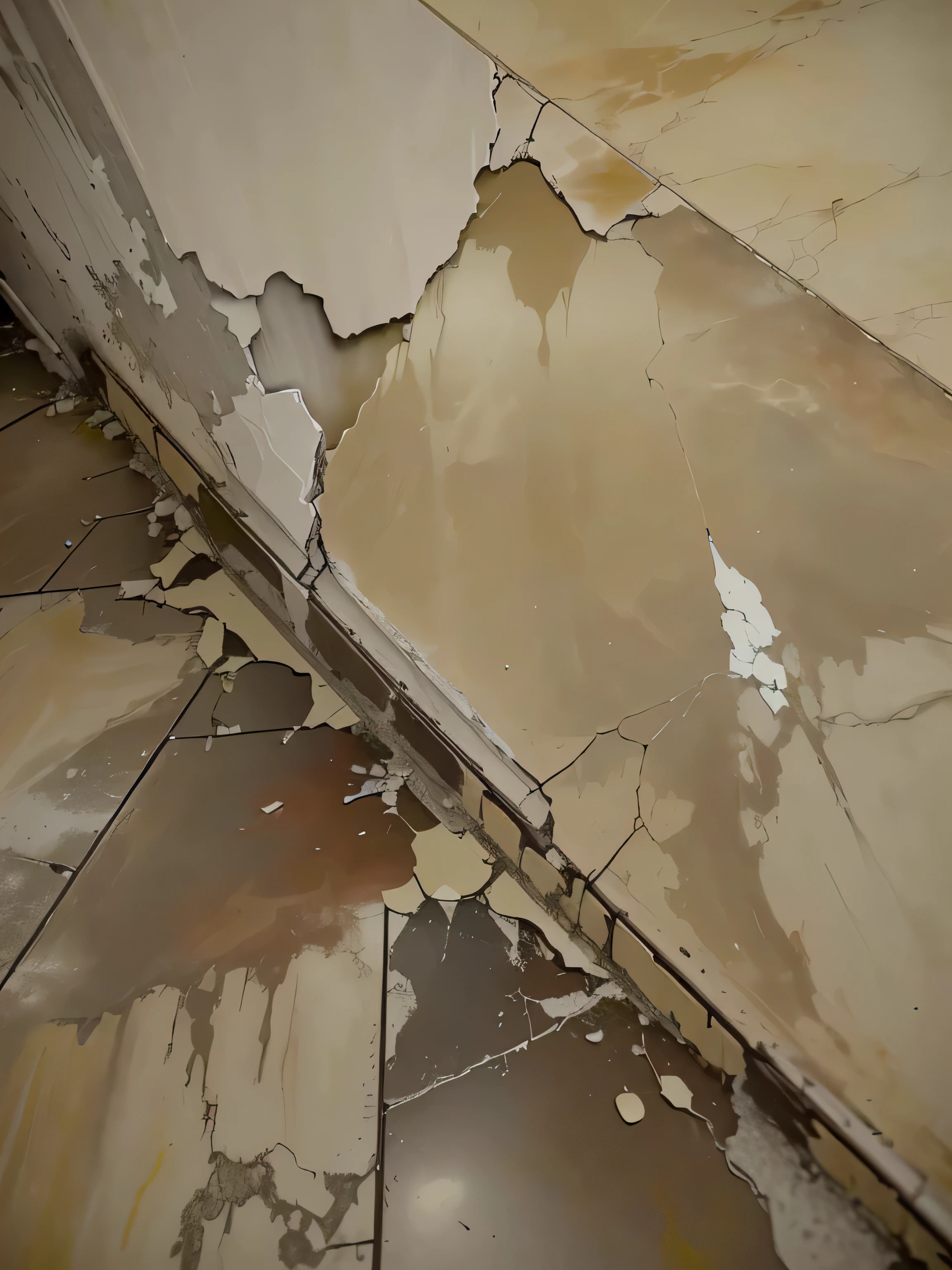 there is a dirty floor with a crack in it, damaged floor, cracked and faded in places, acid pooling on the floor, marble floor, broken leaking cell wall, marble reflexes, cracks, marble floors, while marble, water on the floor, water damage, shiny marble floor, cracked paint, paint is falling off, paint peeling off the walls