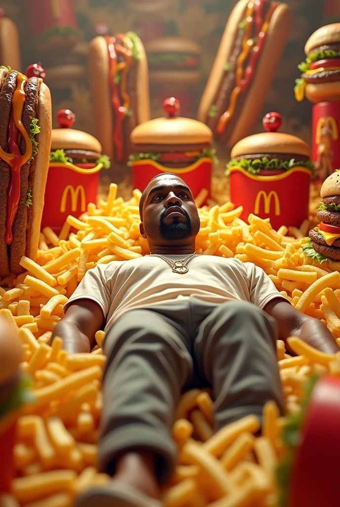 Kanye West lying on some fries in a world of hamburgers, hot dogs with lots of ketchup 