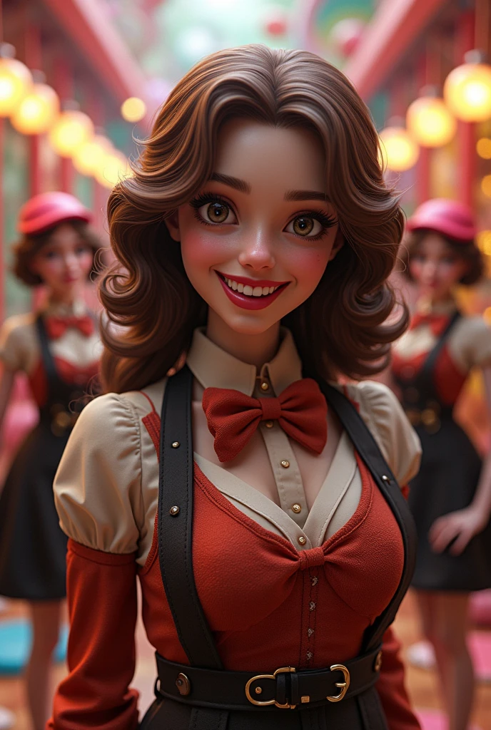 Would you generate a Willy Wonka brunette woman version and two oompa loompas women version with black aprons and red work caps