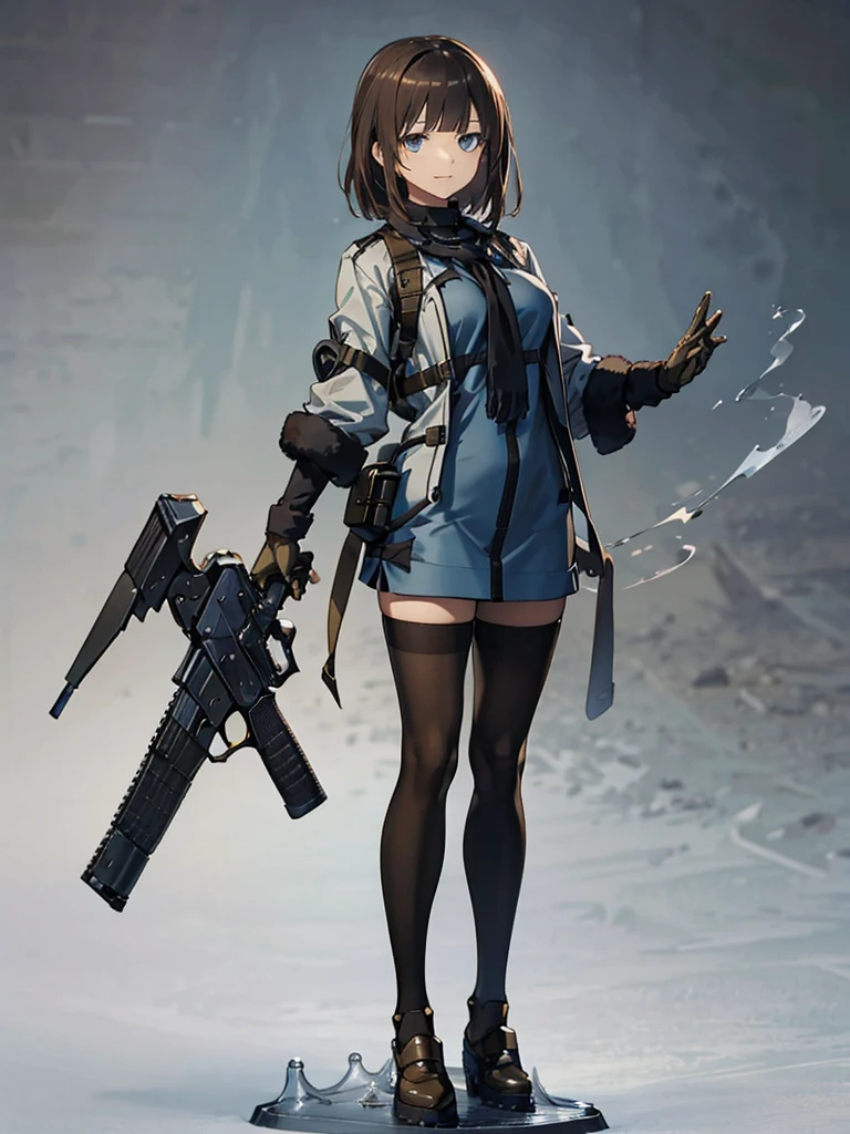 holding_gun, assault_rifle, Very detailed, Brown Hair, Anime Style, whole body, alone, Stylish Gunfighter Girl, Holding a steampunk long barrel pistol,Standing in the wasteland, 8K high resolution, White Background, In the spotlight, The background is a dark and desolate landscape, Horror movie atmosphere. Her figure is very beautiful, Emphasizing the dark and crazy elements. Skillfully expressing the effects of light and shadow,