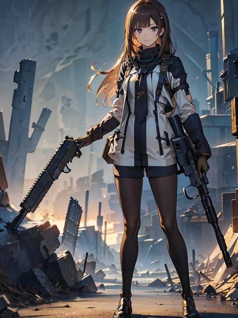 holding_gun, assault_rifle, Very detailed, Brown Hair, Anime Style, whole body, alone, Stylish Gunfighter Girl, Holding a steampunk long barrel pistol,Standing in the wasteland, 8K high resolution, White Background, In the spotlight, The background is a dark and desolate landscape, Horror movie atmosphere. Her figure is very beautiful, Emphasizing the dark and crazy elements. Skillfully expressing the effects of light and shadow,