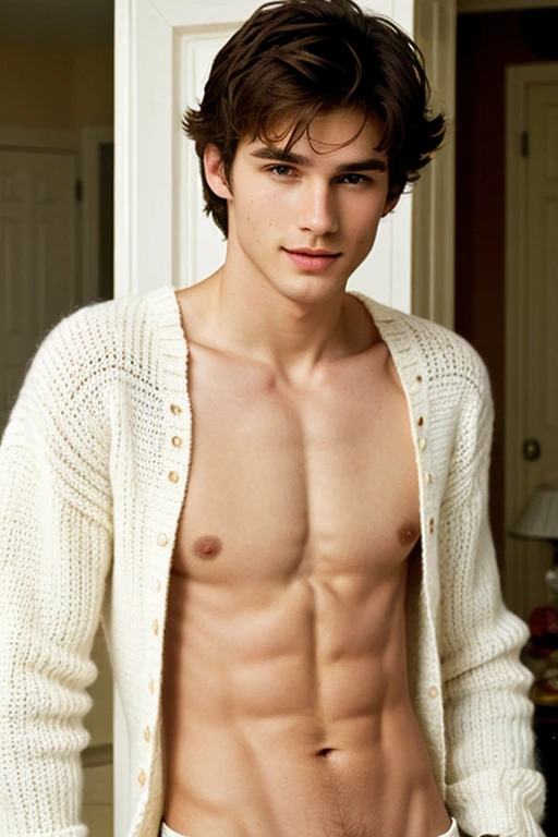 young, Beautiful, handsome, white, skinny, soft skin, beautiful face, shirtless, looking at a grandmother who knits clothes