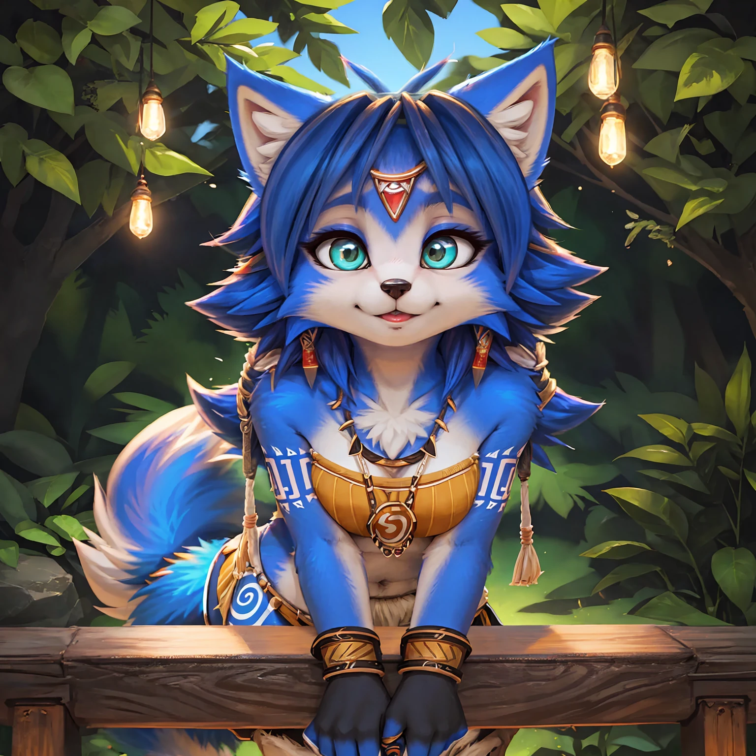 A beautiful and detailed (sweet portrait) wa ((krystal)), Star Fox krystal, sslim, lovable, green eyes, medium breasts, (((Long blue hair 1.3))),  ((Tips for black hair)), look up,, anthro, furry, Uploaded E621, detailed fluffy fur, (wa Fluff-Kevlar, Bayard Wu, personalize me, Pino Daeni), detailed face, (fluffy), 1 girl, alone,  Tribal clothing, sweet girl, 
