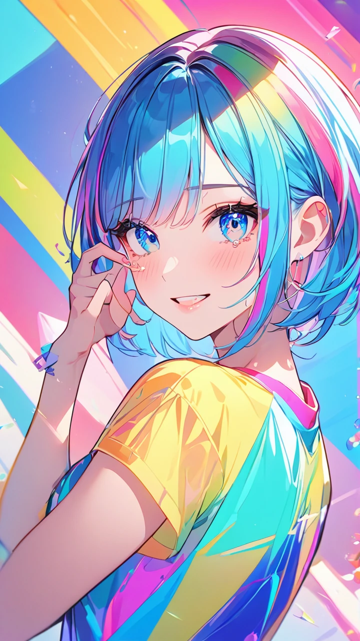 masterpiece,bestquality,superwideangle,fingeraudience,1girl,pinkandbluehair,hand,cuteanimeface,tears,masterpiece,transparentcolorPVCclothing,transparentcolorvinylclothing,wholebody,glitchlump}onface,smile,mediumhair,filmgrain,lens_flare,colorful,chromaticaberration,dynamicpov,closedmouth,Intenseemotionalexpression:death,glitchart,ultra-detailed,extremelydelicateandbeautiful,albumcover,album,albumdescription,Pixilationonface,Doubleexposure,ChromaticAberration,Lightleaks,Noiseandgrain,Colordegradation,Glitchlettering,art,abstractart,geometry,clearlines,squares,bright,limitedpalette,{canonicalcomposition},neatdiagonalstripedbackground,{{bluewithwhitestripedbackground}},{limitedpalette},flatcolored,blueandwhite,