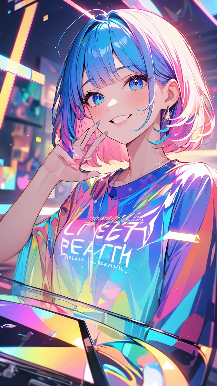 masterpiece,bestquality,superwideangle,fingeraudience,1girl,pinkandbluehair,hand,cuteanimeface,tears,masterpiece,transparentcolorPVCclothing,transparentcolorvinylclothing,wholebody,glitchlump}onface,smile,mediumhair,filmgrain,lens_flare,colorful,chromaticaberration,dynamicpov,closedmouth,Intenseemotionalexpression:death,glitchart,ultra-detailed,extremelydelicateandbeautiful,albumcover,album,albumdescription,Pixilationonface,Doubleexposure,ChromaticAberration,Lightleaks,Noiseandgrain,Colordegradation,Glitchlettering,art,abstractart,geometry,clearlines,squares,bright,limitedpalette,{canonicalcomposition},neatdiagonalstripedbackground,{{bluewithwhitestripedbackground}},{limitedpalette},flatcolored,blueandwhite,