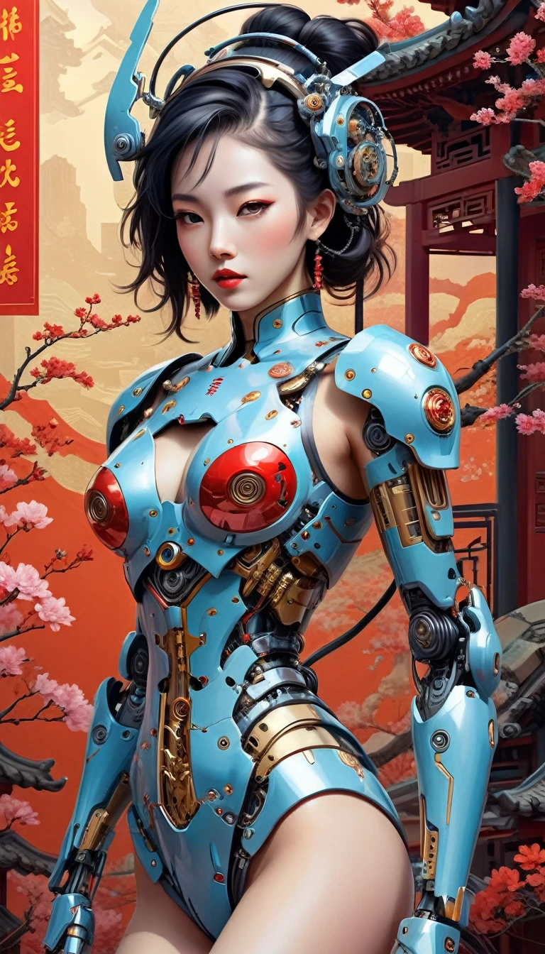 Intricate illustration in surrealist art style，mecha girl，Chinese woman, Cyborg in Chinese culture style, full background