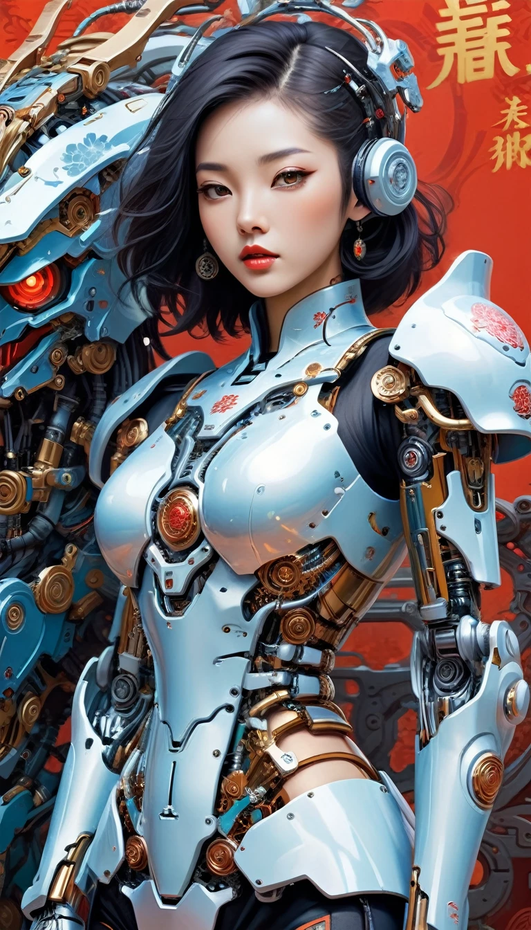 Intricate illustration in surrealist art style,mecha girl,Chinese woman, Cyborg in Chinese culture style, full background