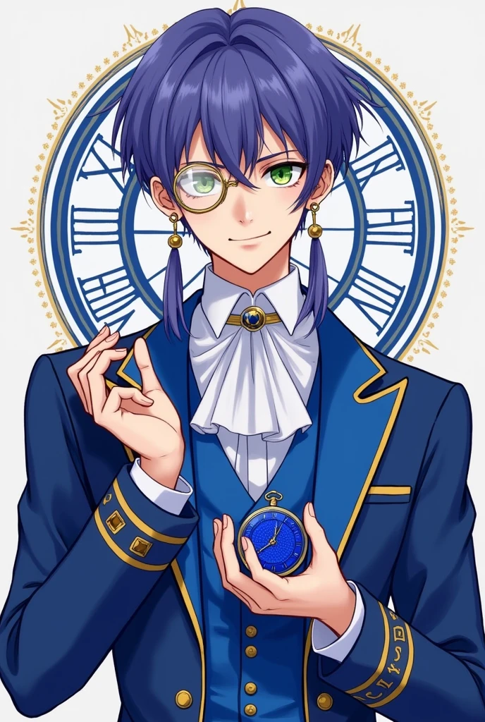 A young male Idol with neat and elegant purple-blue hair. Green eyes. Wearing a European-style performance outfit in blue and white, stylized like a modern fashion model. Wearing gold monocle glasses and holding a sapphire blue pocket watch.Long earrings stylized to match the outfit.
On the background is the Deus ex Machina logo with the symbol of a time-traveling clock. The main color is #e8b923.