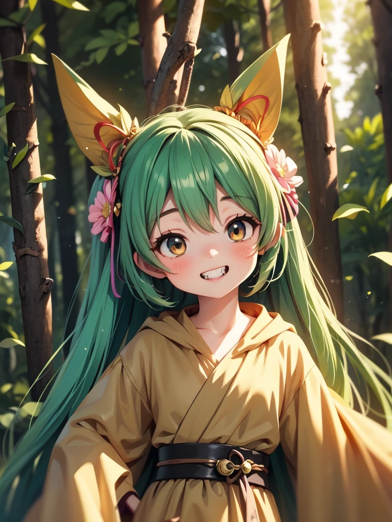 1girl absurdres animal_ear_fluff animal_ears beads cat_ears cat_tail cat_teaser chinese_clothes freckles green_hair green_hanfu green_robe green_theme grin hair_beads hair_ornament heart heart_tail highres kusuriya_no_hitorigoto looking_at_viewer maomao_(kusuriya_no_hitorigoto) multi-tied_hair paw_pose paw_print red_skirt robe scar scar_on_arm sengoku_chidori skirt smile tail twintails