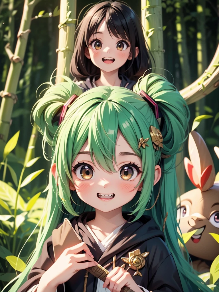 One character, mature woman, Hatsune Miku, long hair, straight hair, messy hair, amber eyes, snake eyes, brown mage robes, grinning, sharp teeth, dark magic, fantasy, forest background
