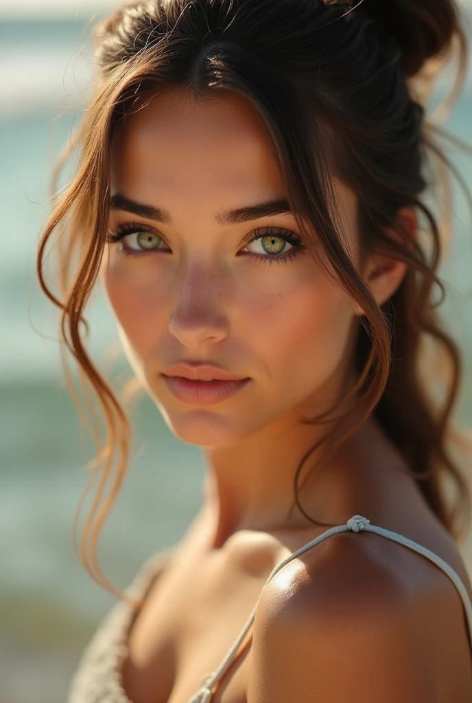 Woman with tied brown hair, greeneyes, Sunnyday